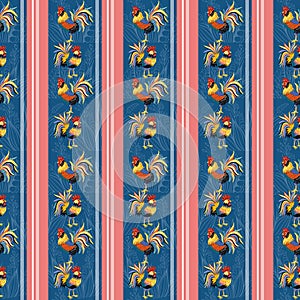 Rustic seamless french pattern with roosters and blue, red and white stripes, vector