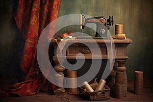 rustic sewing machine with fabric and scissors