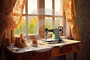 rustic sewing machine with sunlit window background