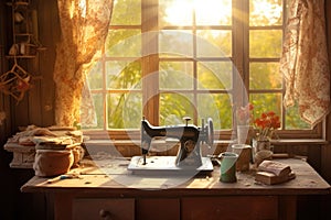 rustic sewing machine with sunlit window background