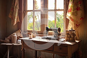 rustic sewing machine with sunlit window background