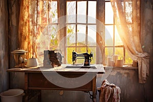 rustic sewing machine with sunlit window background