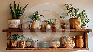 Rustic Shelving with Assorted Potted Plants and Ceramic Decor