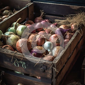 This rustic shot captures a wooden crate brimming with freshly harvested onions
