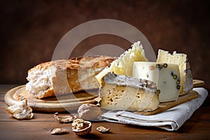 Diverso queso pan a nueces sobre el de madera mesa 