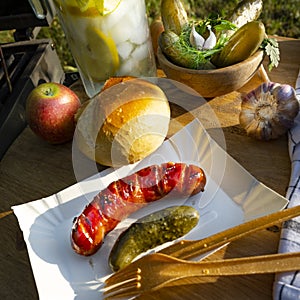 Rustic Snirtjebraten with red cabbage and cucumber photo