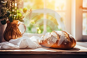 Rustic sourdough bread closeup on wooden board in sunlit kitchen with window backdrop