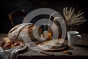 Rustic sourdough bread with cut slices on a wooden table. Ai generated art