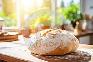 Rustic sourdough bread on wooden board in sunlit kitchen, showcasing artisan loaf by window