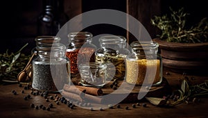 Rustic spice jars decorate fresh kitchen table generated by AI