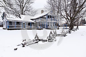 Rustic Split Rail Fence & Abandoned & Snow Covered Able Gabbard House - Kentucky