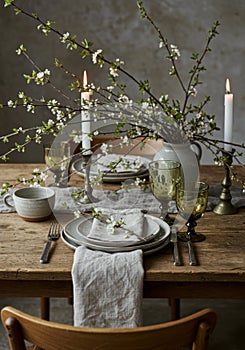 Rustic Spring Table Setting with Blossoms and Candles