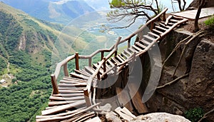 Rustic staircase built from driftwood and tree branches, winding along a mountain cliff with panoramic views of a lush valley 2