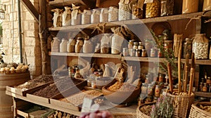 A rustic stall selling traditional blends of es and herbs handcrafted by local artisans and steeped in centuries of