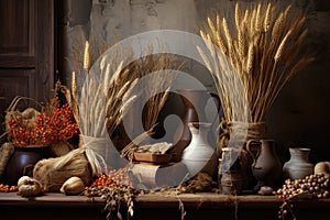 rustic still life of ancient grains and harvest-themed decor