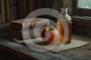 Rustic still life with apple, honey, and antique books