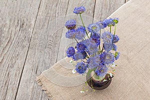 Rustic still life with a bouquet of blue flowers on a wooden background photo