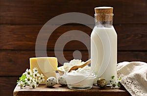 Rustic Still Life Dairy Products - cottage cheese, sour cream, cheese