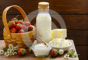 Rustic Still Life Dairy Products - cottage cheese, sour cream, cheese