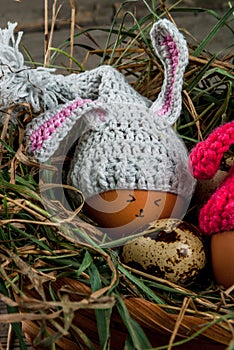 Rustic still life with decorated like bunny chicken eggs