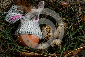 Rustic still life with decorated like bunny chicken eggs