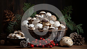 Rustic still life of fall harvest of mushrooms, berries and pine cones decorated with fresh greenery