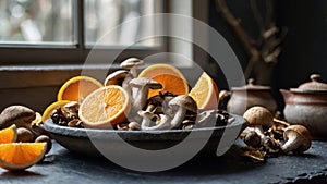 Rustic Still Life: Fresh Mushrooms and Orange Slices in a Dark Bowl