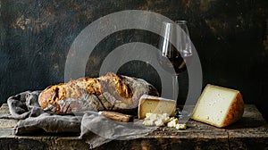 a rustic still life featuring bread, cheese,