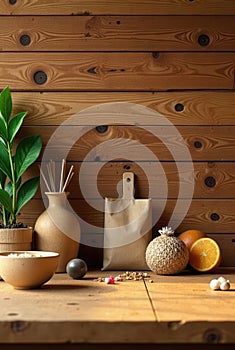 Rustic still life featuring a wooden table, earthy tones, and natural elements. Generative AI
