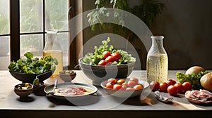 Rustic still life with fresh tomatoes, artisan cheese, and aromatic herbs on vintage wooden table