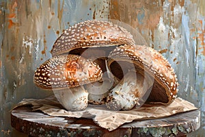 Rustic Still Life with Fresh Wild Mushrooms on Wooden Table Against Textured Background