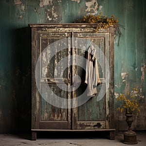 Rustic Still Life: Old Wardrobe In A Gray Room