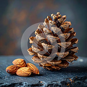 Rustic Still Life with Pine Cone and Almonds