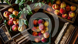 Rustic Still Life with Ripe Peaches in Wooden Crates, Surrounded by Lush Greenery. A Homely Atmosphere Captured in