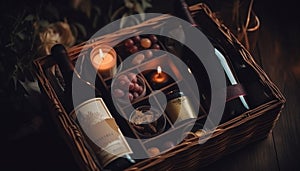 A rustic still life wine bottle, candle, wood, and grape generated by AI