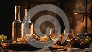 A rustic still life wine bottle, grape, fruit, bread, decoration generated by AI