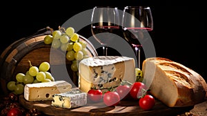 Rustic still life with wine, bread, cheese, tomatoes, and grapes on a wooden table