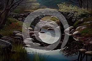 rustic stone bridge over babbling brook, with reflection in the water