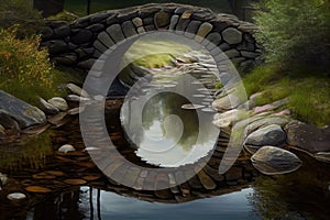 rustic stone bridge over babbling brook, with reflection in the water