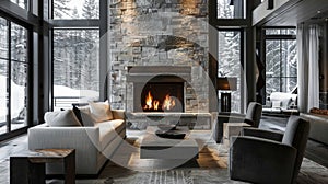 The rustic stone fireplace contrasts beautifully against the sleek contemporary furniture in this monochromatic room. 2d