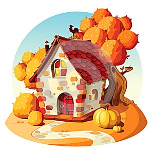 Rustic stone house. Autumn landscape.
