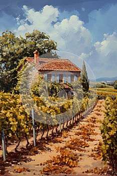 A rustic stone house nestled in the heart of vibrant vineyards, illustrating the idyllic charm of wine country living