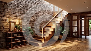 A rustic stone wall and wooden stairs in a beautifully designed interior space