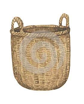 Rustic strawbasket with handles watercolor illustrations. Isolated on white