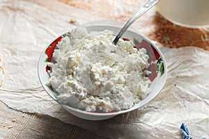 Rustic style bowl fresh homemade cottage cheese table