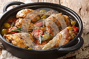 Rustic style chicken baked with green olives, tomatoes and onions, herbs close-up in a pan. horizontal