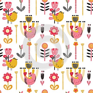 Rustic style illustration. seamless pattern with pink birds and bright flowers.