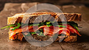 a rustic-style smoked salmon sandwich, meticulously crafted with fresh ingredients and space for textual embellishments.