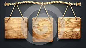 The rustic style of wooden boards hang on ropes. Realistic wooden boards, banners and labels for bars and saloons. Blank