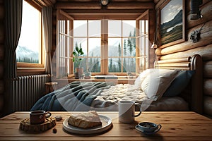 Rustic stylish interior of log cabin bedroom, generative AI